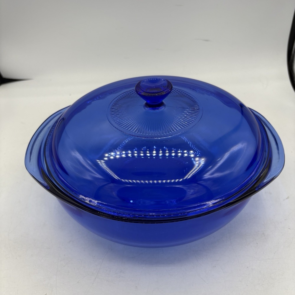 Vintage Pyrex Casserole Pan Dish 024 Cobalt Blue Round Glass With Lid 2 Qt 2 L